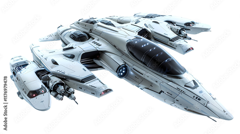 Futuristic science fiction fantasy fighter space craft in flight isolated on a transparent background Futuristic science fiction fantasy fighter space craft in flight isolated on a transparent background
