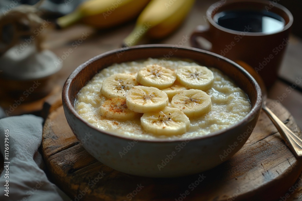 Semolina Porridge with Sliced Bananas on a Wooden Table in a Classic Village Kitchen Semolina Porridge with Sliced Bananas on a Wooden Table in a Classic Village Kitchen