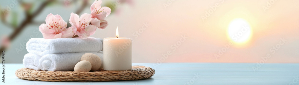 Relaxing spa setup with towels, candle, flowers, and sunset view Relaxing spa setup with towels, candle, flowers, and sunset view