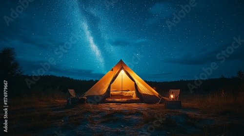 Camping under a starry sky by a tranquil lake at sunset