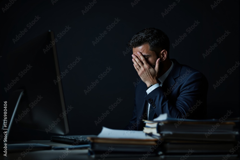 Stressed businessman in formal suit sitting at desk with computer and files, covering face in frustration, dark background. Stressed businessman in formal suit sitting at desk with computer and files, covering face in frustration, dark background.