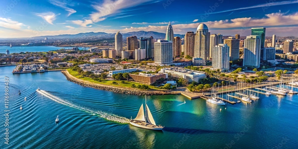 Fototapeta premium San Diego Skyline Aerial: April 2024 Harbor & Sailboat View