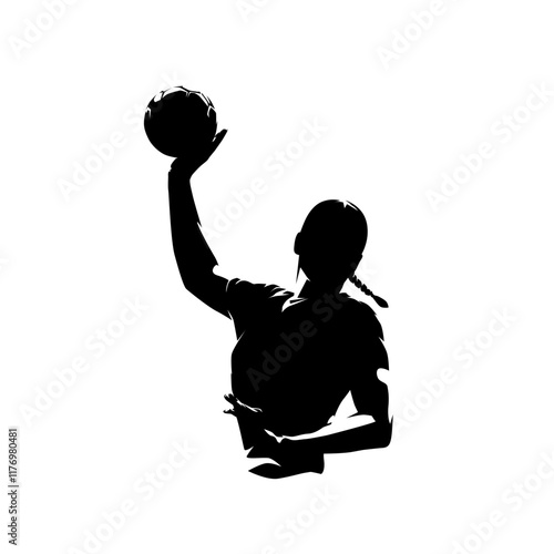 Handball women logo, isolated vector silhouette, front view, team sport athlete. Woman throwing ball