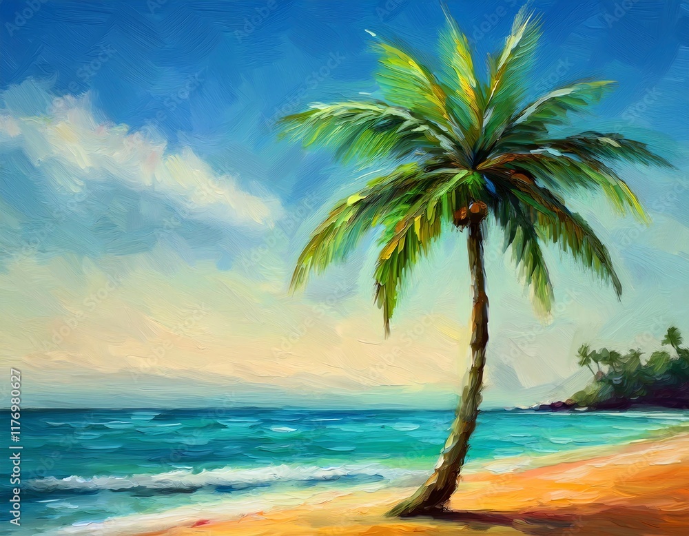 tropical Island with a lonely palm tree on the beach oil paint artwork design