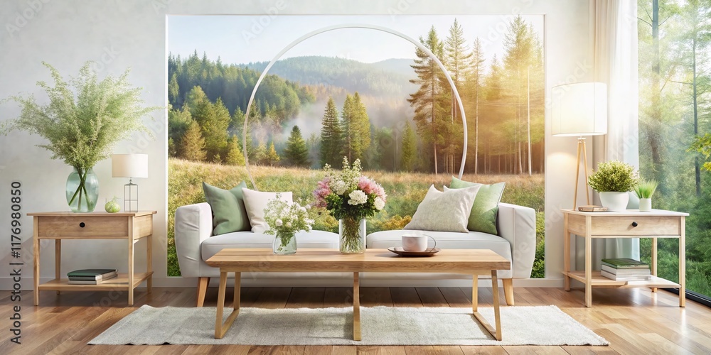 Fototapeta premium Scandinavian Living Room Double Exposure: Wooden Console, Wall Rings, Empty Frame & Flowers