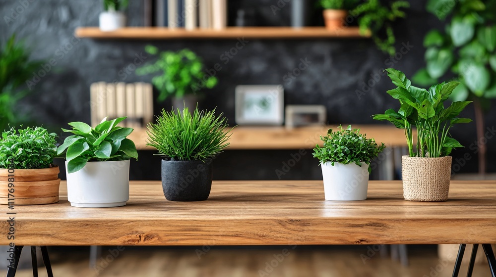 Indoor plants on a wooden table in a modern living space with greenery Indoor plants on a wooden table in a modern living space with greenery