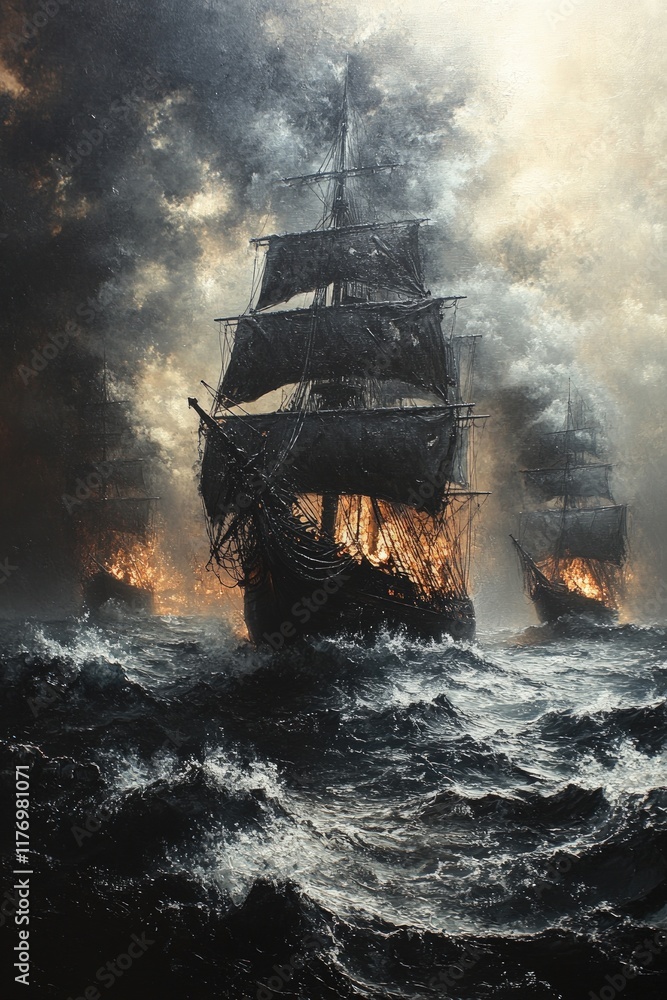 Fototapeta premium Burning ships, stormy sea, dark ominous sky.