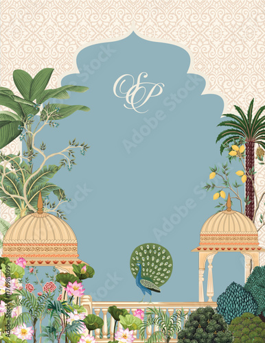Traditional mughal wedding card design, Mughal Arch, Mughal Dome, watercolor background.