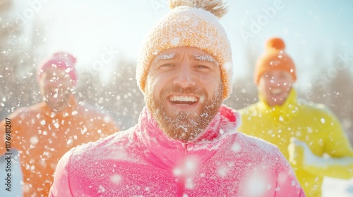 Colorful Winter Jog Friends Embrace Snowy Park Run with Joyful Expressions photo