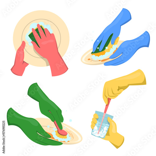 Set of hands in rubber gloves washing dishes vector isolated. Cleaning plates using sponge and brush. Bubbles from soap. Concept of housework, cleaning kitchen.