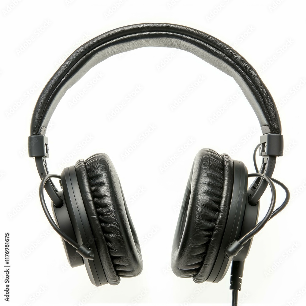 Black padded headphones with cable, ideal for music production or audiophile listening Black padded headphones with cable, ideal for music production or audiophile listening