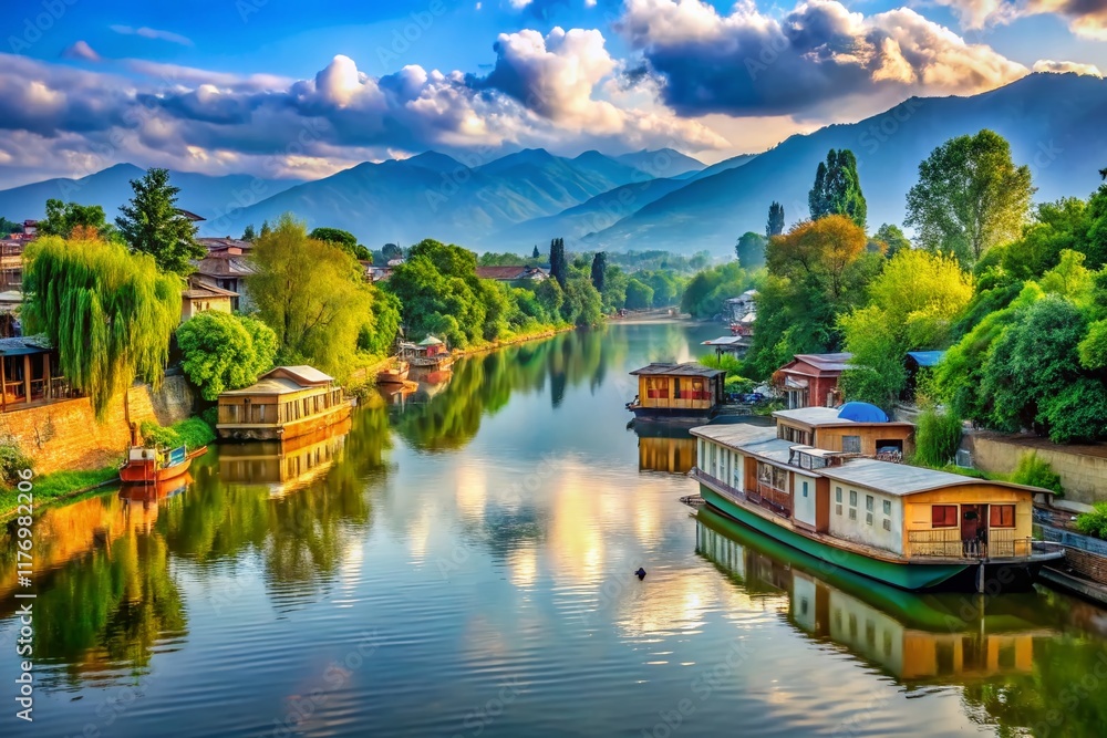 Fototapeta premium Serene Jhelum River in Srinagar, Kashmir, India: Calm Waters & Houseboats