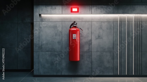 A modern fire extinguisher mounted on a sleek gray wall in a commercial building, with an emergency light above it photo