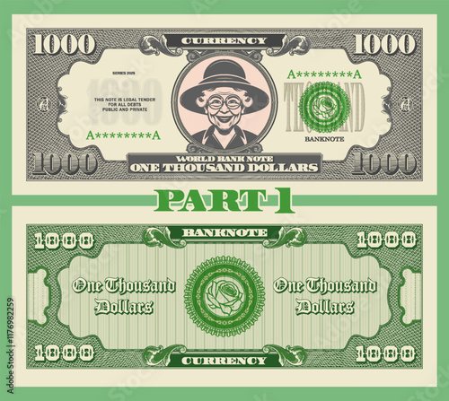 Vector obverse and reverse of vintage denomination 1000 dollars banknote. Graphic portrait of cute kind granny in glasses and female hat. Bank seal with rose. Retro play money. Thousand. Part 1