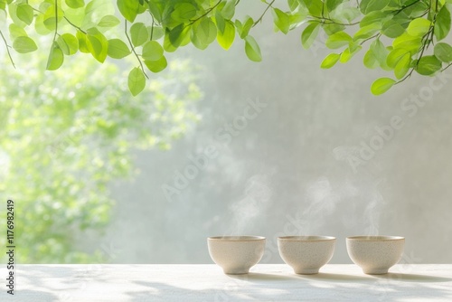 Tranquil Tea Ceremony in Sunlit Japanese Garden photo