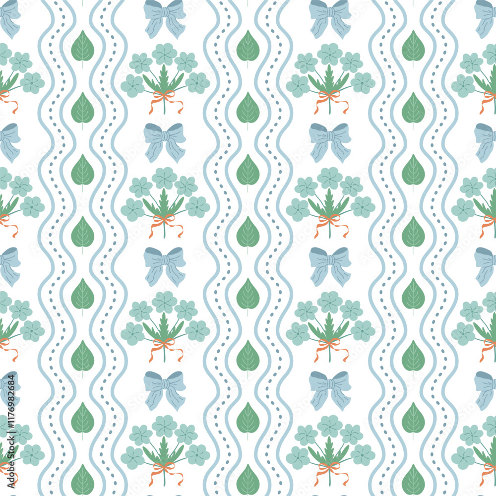 Gentle green floral grandmillennial seamless pattern decorated coquette bows, ribbons, flowers, vertical stripes, hand drawn preppy wallpaper, cute cottagecore print. Vector retro repeat background