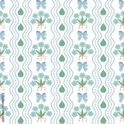 Obraz na płótnie Gentle green floral grandmillennial seamless pattern decorated coquette bows, ribbons, flowers, vertical stripes, hand drawn preppy wallpaper, cute cottagecore print. Vector retro repeat background w salonie