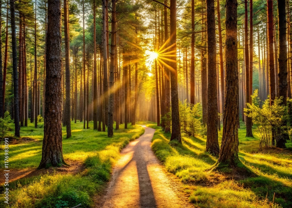 Fototapeta premium Serene Pine Forest Path: Sunlit Woodland Trail Photography