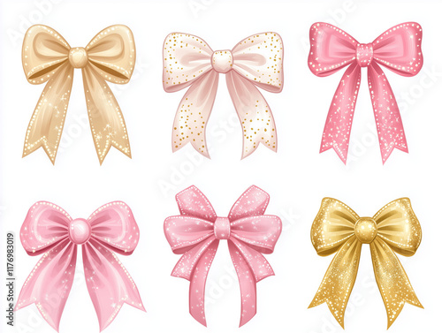  Watercolor rose gold bows in various colors and styles suitable for gifts and crafts displayed on a white background