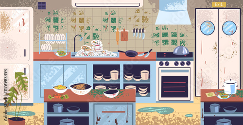 Messy kitchen. Mess in commercial restaurant or home kitchens, leak food dirty furniture indoor room cartoon interior, professional cooking equipment classy vector illustration