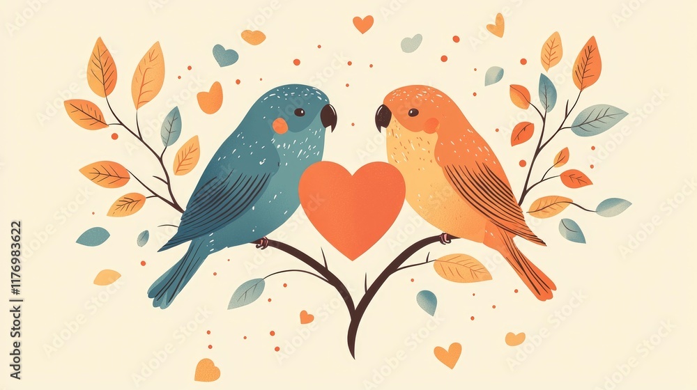 Naklejka premium A charming illustration featuring a pair of colorful lovebirds on a branch, surrounded by hearts and autumn leaves, perfect for Valentine's Day celebrations