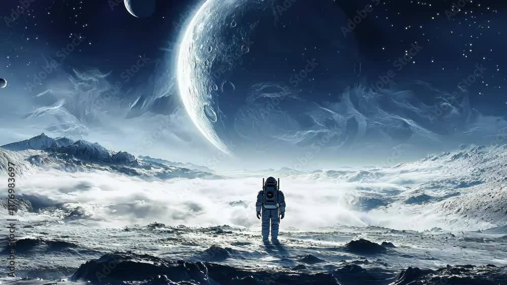 Solitary Astronaut Contemplates an Icy, Alien Landscape Under a Giant Moon Solitary Astronaut Contemplates an Icy, Alien Landscape Under a Giant Moon