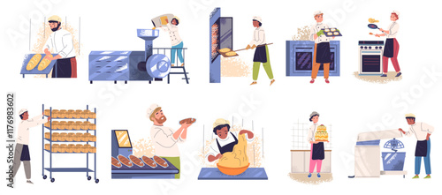 People bake bread. Professional bakers at oven baking pastries food, pastry cook bakery manufacturing chef make confectionery flour dessert process, set classy vector illustration