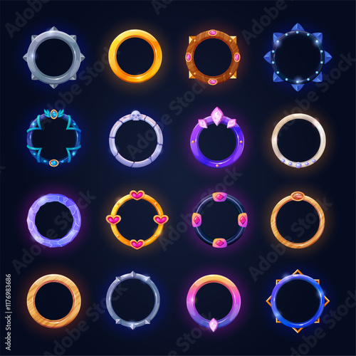 Game avatar frames. Gaming interface metal rim, circle frame golden silver fantasy round borders ui asset old medieval rpg user rank element, set cartoon swanky vector illustration