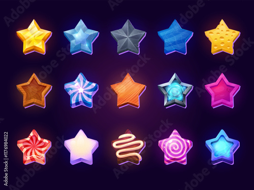 Game ui stars. Cartoon rate star for level up achievement medal or win experience bonus badge, user rank trophy gold wooden ice candy icons ui item, set swanky vector illustration