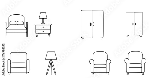 Vector outlines of bedroom elements and furniture. 