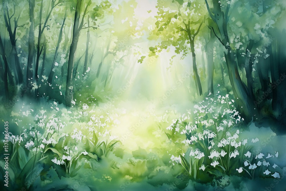Fototapeta premium Watercolor illustration of spring forest clearing with lilies of the valley