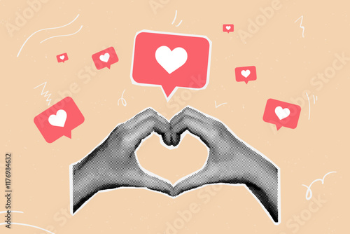 Halftone social media like. Realistic hands with heart gesture paper vintage collage, love art concept influence feedback n public or personal internet network vector illustration