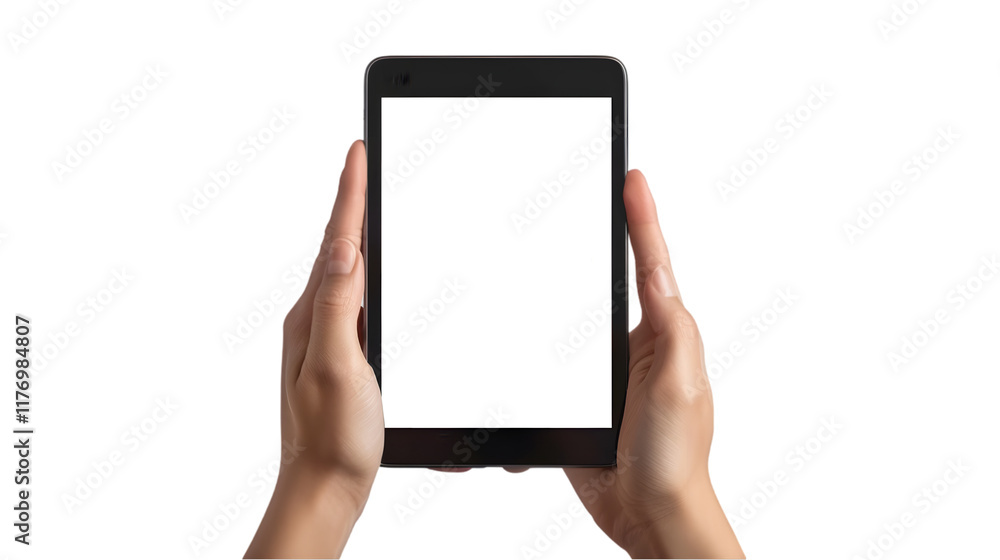 Hands Touching an iPad with Blank Screen isolated on a transparent background Hands Touching an iPad with Blank Screen isolated on a transparent background
