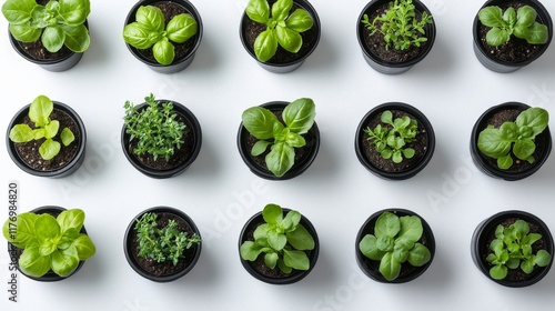 Vibrant collection of potted herbs arranged neatly on a white background in a gardening setup
