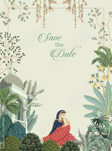 Traditional Mughal wedding card, Invitation card for printing, Indian Wedding card.