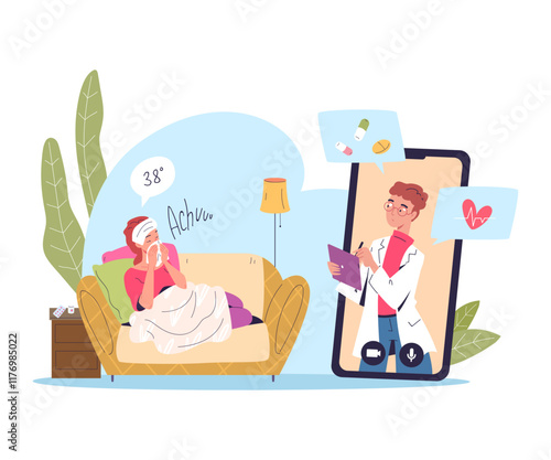 Patient and telemedicine doctor. Virtual medic specialist in phone mobile app, online medicine healthcare digital technology remote treatment pharmacy consult vector illustration