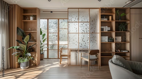 A semi-transparent glass room divider with frosted patterns and wooden frames, offering privacy and light. It separates a home office from the living area with soft sunlight