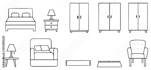 Vector outlines of bedroom elements and furniture. 