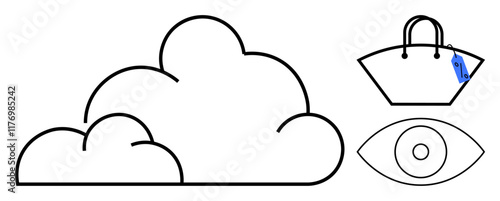 Cloud, eye, and handbag with attached price tag portrayed in minimalistic line art. Ideal for fashion, digital security, weather, retail, simplicity, modern design abstract line flat metaphor