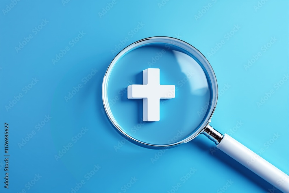 Magnifying glass focusing on a white cross on a blue background. Magnifying glass focusing on a white cross on a blue background.