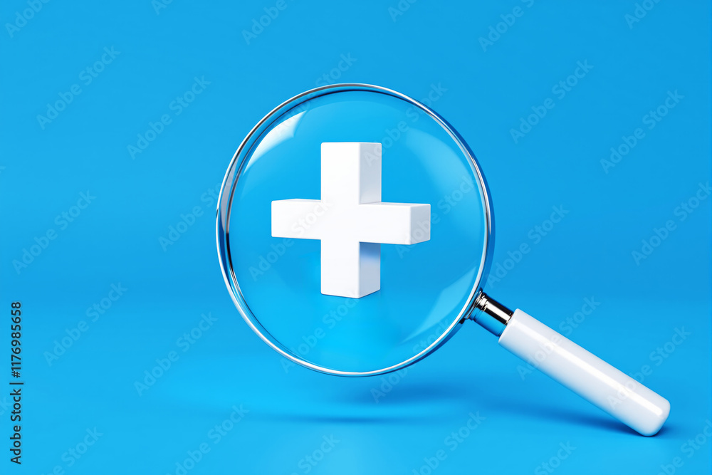 Magnifying glass highlighting a white plus symbol on a blue background. Magnifying glass highlighting a white plus symbol on a blue background.