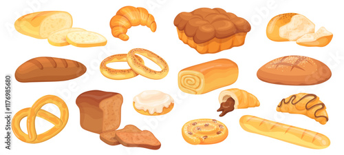 Cartoon bakery products. Bread whole loaf and cut slices, pastry food french baguette croissant with wheat rye grains bagel bite bun roll, baking pastries neat vector illustration