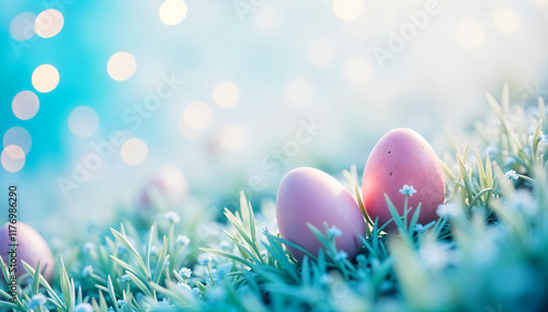 Bright easter background with colorful painted eggs, bokeh, pastel colors photo