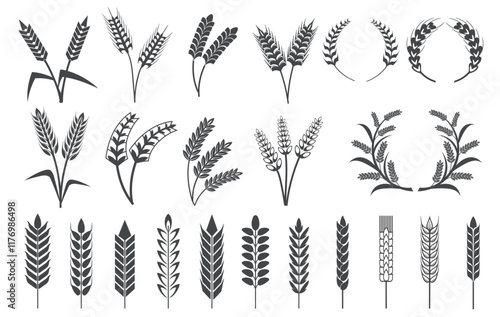 Wheat ears silhouettes. Barley ears, oat grains rice spike cereal plant spikelet black logo icons bread bakery or beer products emblems farm harvest symbol neat vector illustration