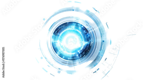 High-tech digital interface with concentric neon blue circles and a clear central area for futuristic software or sci-fi graphics. isolated on a transparent background