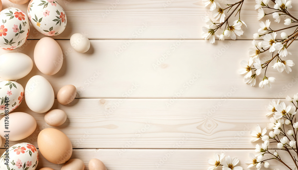 Dyed eggs and white small flowers lie on wooden brown table. Space for text. Mock up. Wooden background with blue and white eggs and white flowers for easter. Dyed eggs and white small flowers lie on wooden brown table. Space for text. Mock up. Wooden background with blue and white eggs and white flowers for easter.