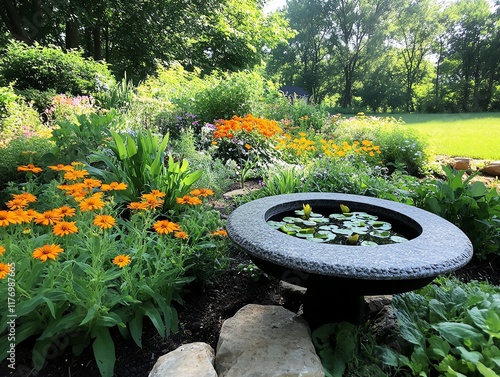 Backyard butterfly haven with milkweed, nectarrich flowers, and a small birdbath centerpiece photo