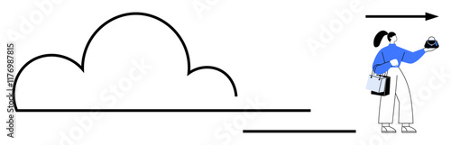 Woman holding device, transferring data to cloud icon. Ideal for cloud computing, data transfer, technology, information storage, remote work, digital innovation online services. Abstract line flat