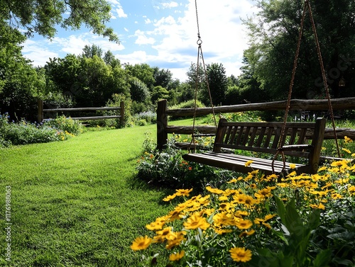 Backyard garden with a rustic wooden fence, wildflowers, and a handcrafted wooden swing photo