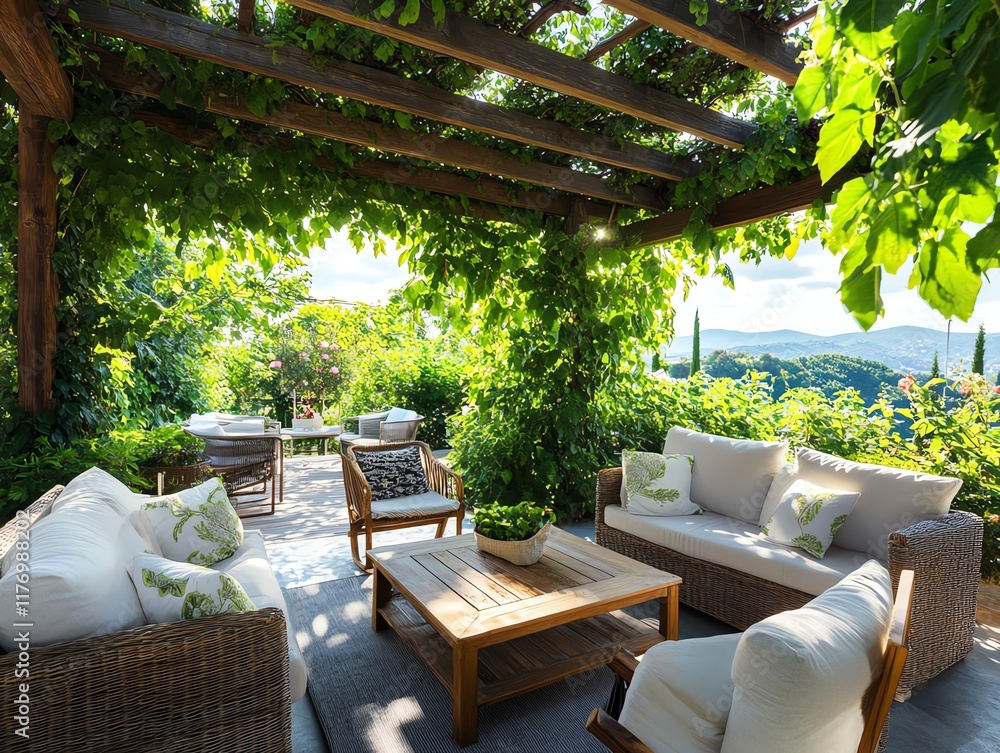 Fototapeta premium Backyard garden with a wooden pergola covered in climbing roses and comfortable outdoor furniture